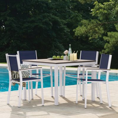 Travira 5 Pc Composite Sling & Aluminum Dining Set W/ Vintage Tekwood Arm Caps & Table Top in Chalk/Ink Pen By Oxford Garden