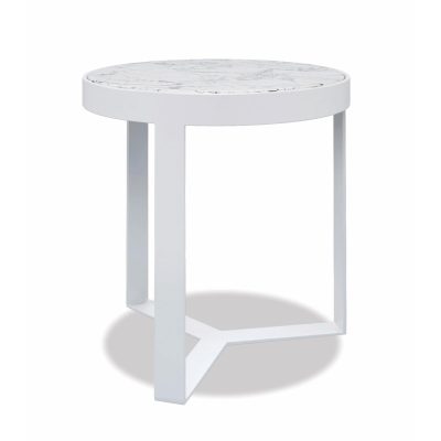 Sunset West Contemporary 18-Inch Round Aluminum Patio End Table W/ Honed Cararra Marble Top – Frost