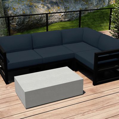 Misty Cove 5 Pc Aluminum Sectional Set in Black W/ Spectrum Indigo Cushions & Long Coffee Table By Lakeview