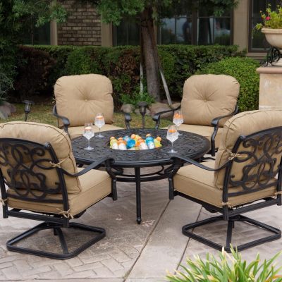 Darlee Santa Monica 5 Piece Cast Aluminum Patio Conversation Swivel Club Chair Seating Set W/ Ice Bucket Insert & Sesame Cushions