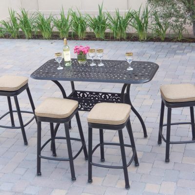 Darlee Classic 5 Piece Cast Aluminum Patio Backless Square Counter Height Bar Set W/ 52 X 26 Rectangular Table & Sesame Cushions