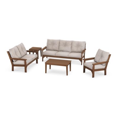 POLYWOOD Vineyard 5-Piece Deep Seating Set w/ Sofa – Teak / Dune Burlap