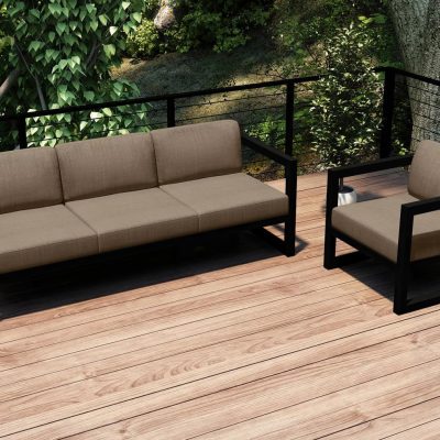 Misty Cove 2 Pc Aluminum Seating Set in Black W/ Heather Beige Cushions By Lakeview