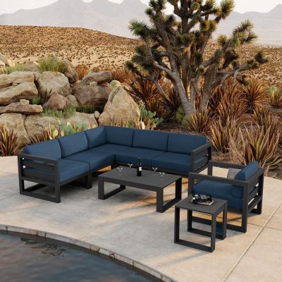 Misty Cove 8 Pc Aluminum Sectional Set in Slate W/ Spectrum Indigo Cushions By Lakeview