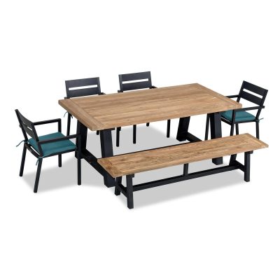 Calm Bay Mill 7 Pc Reclaimed Teak Dining Set w/ Bench in Black/Spectrum Peacock by Lakeview