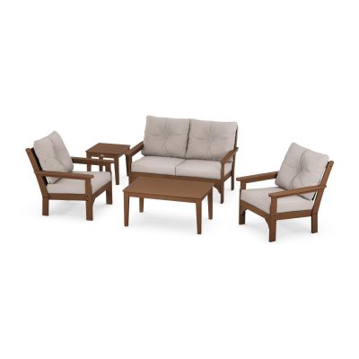 POLYWOOD Vineyard 5-Piece Deep Seating Set w/ Loveseat – Teak / Dune Burlap