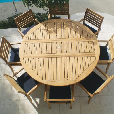 Avant 9 Piece Teak Patio Dining Set W/ 72 Inch Round Drop Leaf Table And Sunbrella Canvas Navy Cushions By Royal Teak Collection