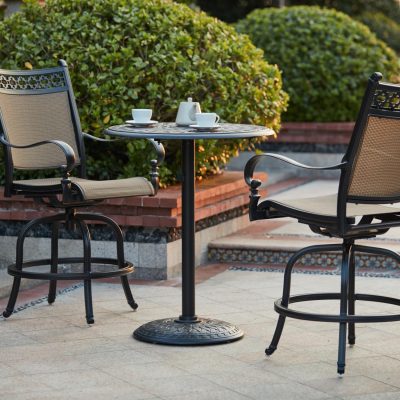 Mountain View 3 Piece Cast Aluminum Sling Patio Counter Height Swivel Bar Stool Set W/ 30 Inch Round Table By Darlee