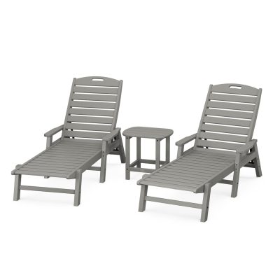 POLYWOOD Nautical 3-Piece Chaise Lounge W/Arms Set W/South Beach 18 Inch Side Table – Slate Grey