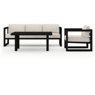 Misty Cove 3 Pc Aluminum Sofa Set in Black W/ Cast Silver Cushions & Classic Chat Table By Lakeview