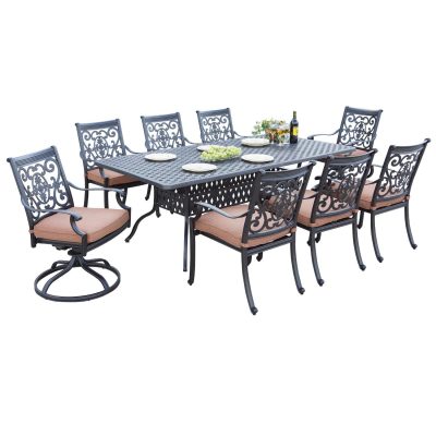 St. Cruz 9 Piece Cast Aluminum Patio Dining Set W/ 84 X 42 Inch Table, 2 Swivel Rockers & Spicy Chili Cushions By Darlee