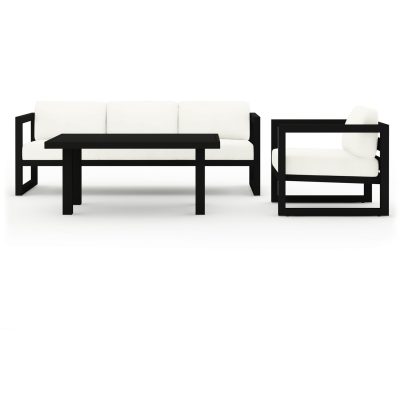 Misty Cove 3 Pc Aluminum Sofa Set in Black W/ Canvas Natural Cushions & Classic Chat Table By Lakeview