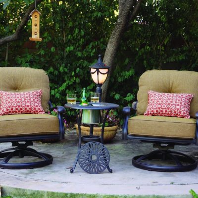 Darlee Elisabeth 3 Piece Cast Aluminum Patio Conversation Seating Set With Swivel Rocker Chairs – End Table With Ice Bucket Insert