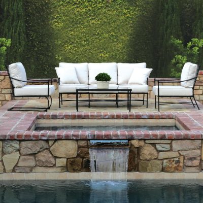 Sunset West Provence 4 Piece Wrought Iron Patio Conversation Set W/ Sunbrella Canvas Flax Cushions