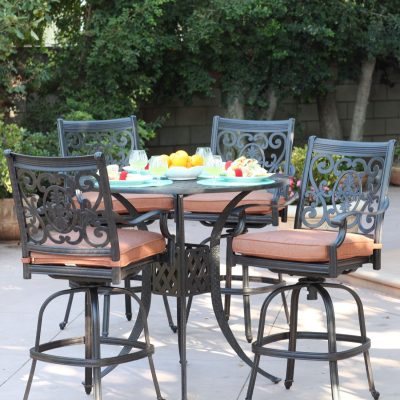 St. Cruz 5 Piece Cast Aluminum Patio Bar Set W/ 42 Inch Round Table & Spicy Chili Cushions By Darlee