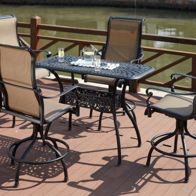 Darlee Monterey 5 Piece Cast Aluminum Sling Patio Counter Height Bar Set W/ 52 X 26 Rectangular Table