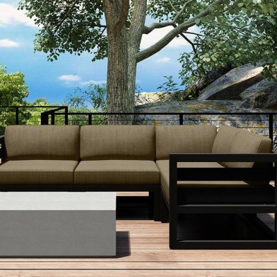 Misty Cove 5 Pc Aluminum Sectional Set in Slate W/ Heather Beige Cushions & Long Coffee Table By Lakeview