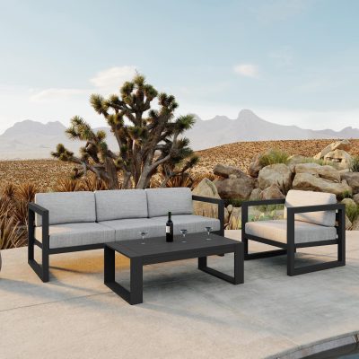 Misty Cove 3 Pc Aluminum Sofa Set in Slate W/ Cast Silver Cushions & Portal Coffee Table By Lakeview