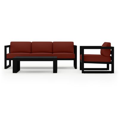 Misty Cove 3 Pc Aluminum Sofa Set in Black W/ Canvas Henna Cushions & Portal Coffee Table By Lakeview