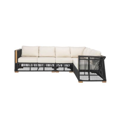 Breeze 4 Piece Olefin Rope & Teak Patio Sectional in Charcoal/Sand By Teak + Table
