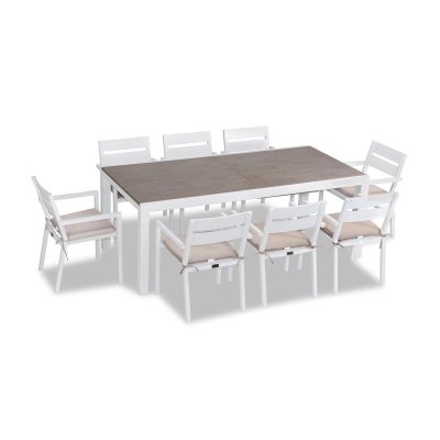 Calm Bay 9 Pc Extendable Dining Set in White/Barnwood/Canvas Flax by Lakeview