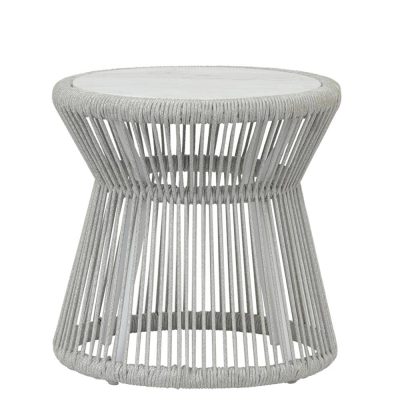 Sunset West Miami 20-Inch Round Olefin Rope Patio End Table W/ Honed Carrara Marble Top