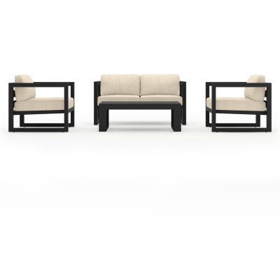 Misty Cove 4 Pc Aluminum Loveseat Set in Black W/ Canvas Flax Cushions & Long Coffee Table By Lakeview