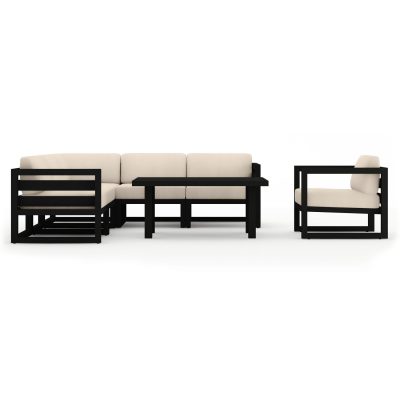 Misty Cove 7 Pc Aluminum Sectional Set in Black W/ Canvas Flax Cushions & Classic Chat Table By Lakeview