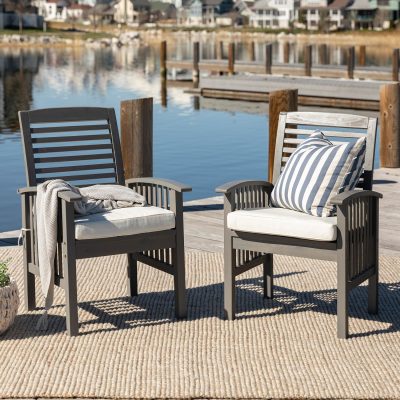 Ultimate Patio Horizon Way 2 Piece Acacia Patio Dining Arm Chair Set W/ Off-White Cushions – Gray Wash