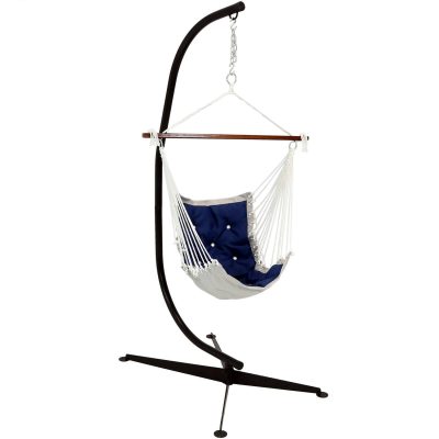 Ultimate Patio Tufted Victorian Hanging Hammock Swing w/ C-Stand – Navy Blue