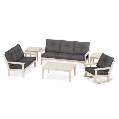 POLYWOOD Vineyard 6-Piece Deep Seating Set w/ Rocker – Sand / Ash Charcoal