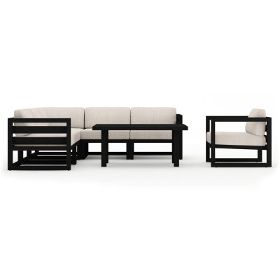 Misty Cove 7 Pc Aluminum Sectional Set in Black W/ Cast Silver Cushions & Classic Chat Table By Lakeview