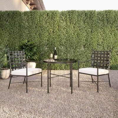 Sunset West Provence 3 Piece Wrought Iron Patio Bistro Set W/ Bistro Table & Sunbrella Canvas Flax Cushions