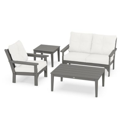 POLYWOOD Vineyard 4-Piece Deep Seating Set w/ Side Table – Slate Grey / Natural Linen