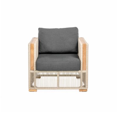 Breeze Olefin Rope & Teak Patio Club Chair in Dune/Carbon By Teak + Table