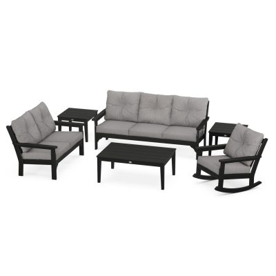 POLYWOOD Vineyard 6-Piece Deep Seating Set w/ Rocker – Black / Grey Mist