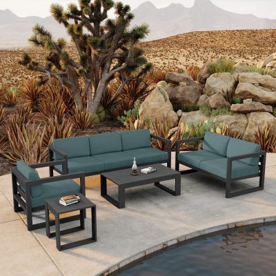 Misty Cove 5 Pc Aluminum Sofa Set in Slate W/ Cast Lagoon Cushions By Lakeview