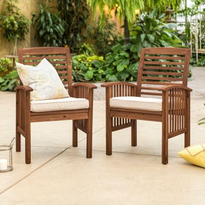 Ultimate Patio Horizon Way 2 Piece Dark Brown Acacia Patio Dining Arm Chair Set W/ Natural Cushions