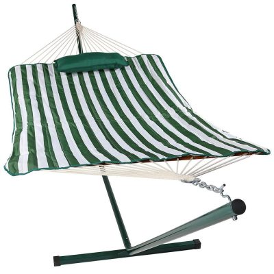 Ultimate Patio Rope Hammock w/ 12-Foot Stand, Pad, & Pillow – Green & White Stripe