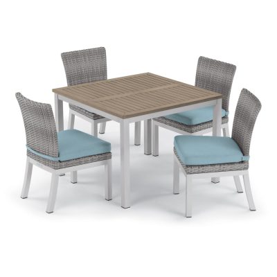 Argento 5 Piece Wicker Patio Dining Set W/ 39 Inch Square Tekwood Vintage Table, Side Chairs & Ice Blue Cushions By Oxford Garden