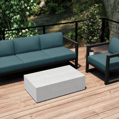 Misty Cove 3 Pc Aluminum Sofa Set in Slate W/ Cast Lagoon Cushions & Long Coffee Table By Lakeview