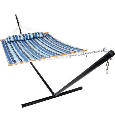 Ultimate Patio Quilted Double Hammock w/ 15-Foot Steel Beam Stand & Pillow – Misty Beach