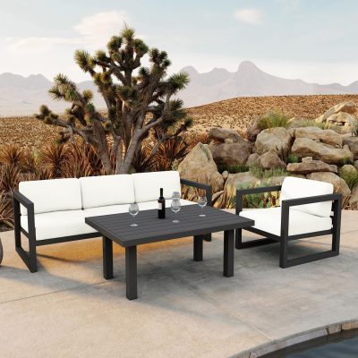 Misty Cove 3 Pc Aluminum Sofa Set in Slate W/ Canvas Natural Cushions & Classic Chat Table By Lakeview