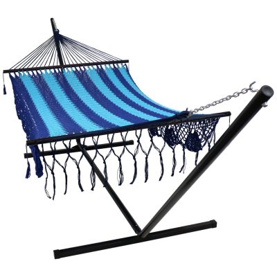 Ultimate Patio Deluxe American-Style Hammock w/ 15-Foot Steel Beam Stand – Blue