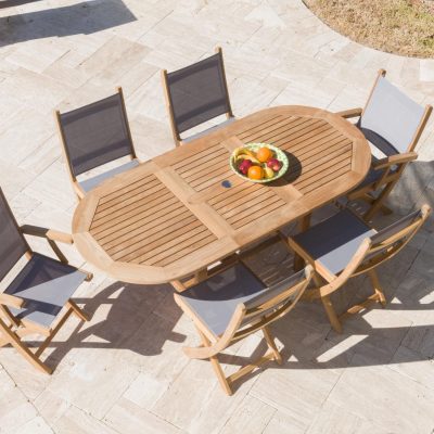 Sailmate 7 Piece Teak Patio Dining Set W/ 60 X 35 Inch Oval Extension Table By Royal Teak Collection – Gray Sling