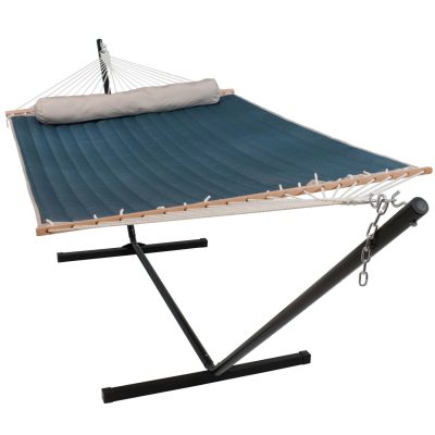 Ultimate Patio Quilted Double Hammock w/ 12-Foot Steel Beam Stand & Pillow – Tidal Wave