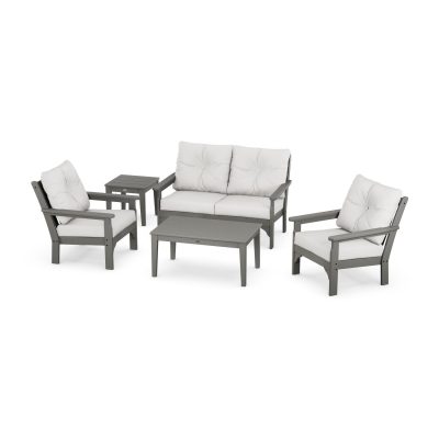 POLYWOOD Vineyard 5-Piece Deep Seating Set w/ Loveseat – Slate Grey / Natural Linen