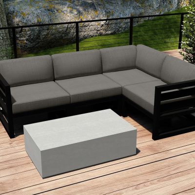 Misty Cove 5 Pc Aluminum Sectional Set in Black W/ Canvas Charcoal Cushions & Long Coffee Table By Lakeview