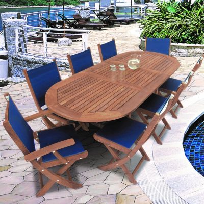 Sailmate 9 Piece Teak Patio Dining Set W/ 72 X 39 Inch Oval Extension Table By Royal Teak Collection – Navy Sling