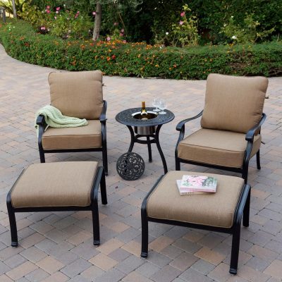 Darlee Capri 5 Piece Cast Aluminum Patio Conversation Set W/ 24-Inch Round Ice Bucket End Table & Sesame Cushions